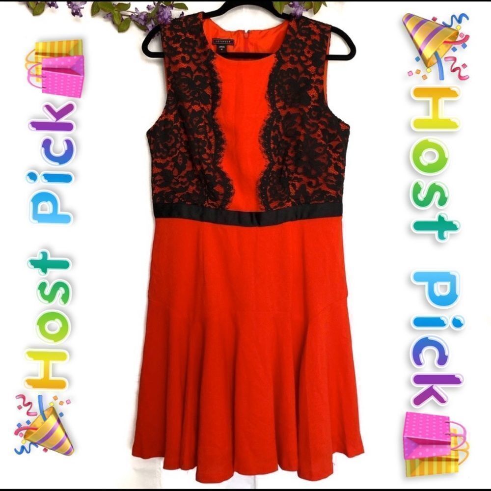 Metaphor Fit and Flare dress, black lace over red